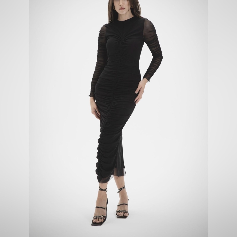 Rebecca Minkoff Ruched Sheer Long Sleeve Black Midi Cocktail Dress Sz M NWT